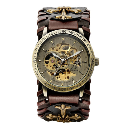 Antique Skeleton Dial Men Automatic Mechanical Watch Vintage Gothic Clock Steampunk Self Winding Watches Brown Rock Reloj Hombre