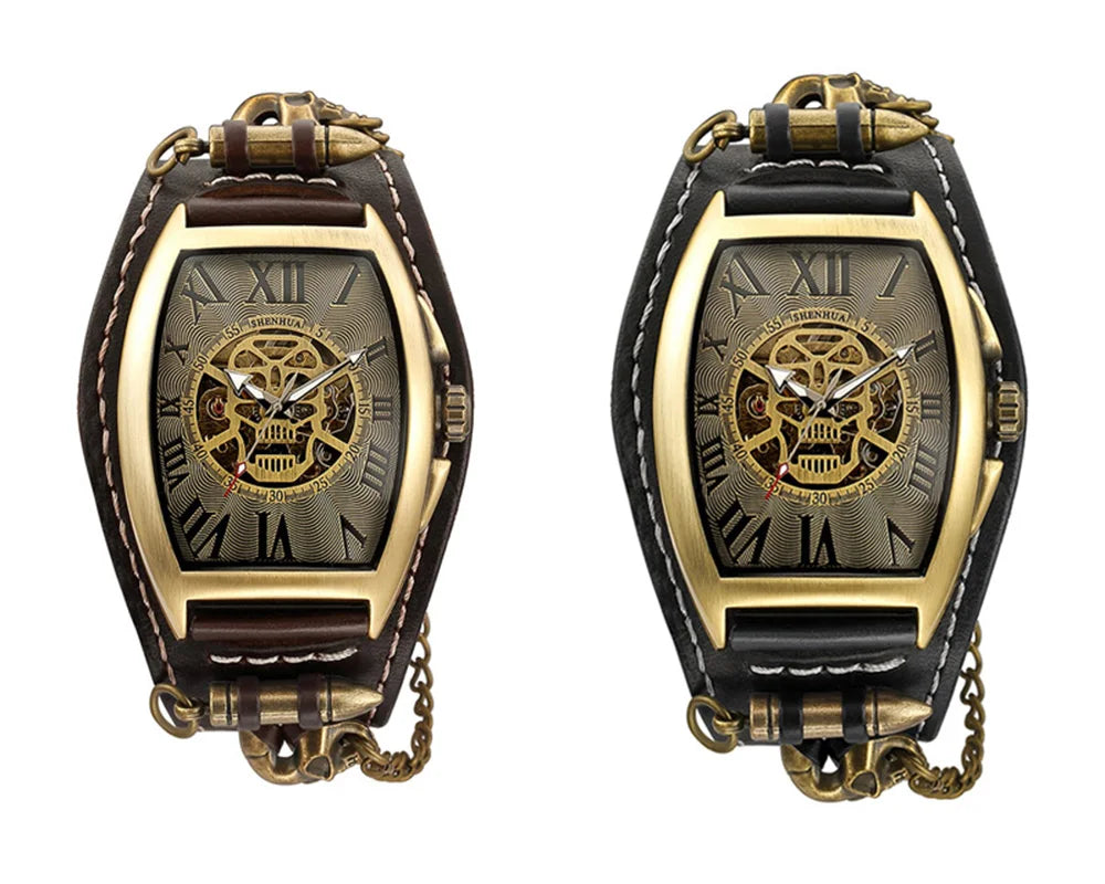 Antique Skeleton Dial Men Automatic Mechanical Watch Vintage Gothic Clock Steampunk Self Winding Watches Brown Rock Reloj Hombre
