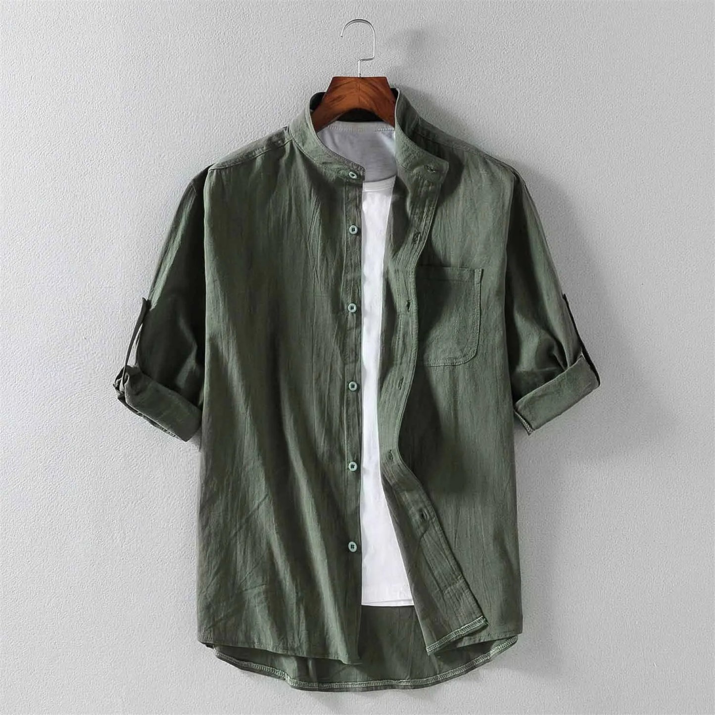 LEGIBLE Summer Shirts Men Loose Thin Cotton Short Sleeve Shirts Male Fashion Stand Solid Color 4XL 5XL