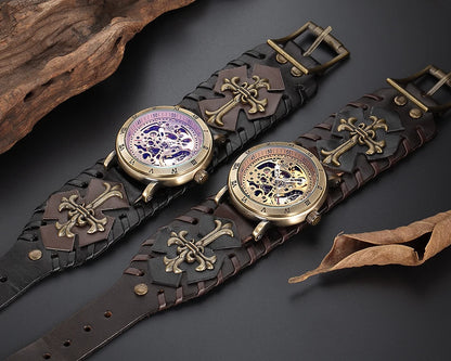 Antique Skeleton Dial Men Automatic Mechanical Watch Vintage Gothic Clock Steampunk Self Winding Watches Brown Rock Reloj Hombre