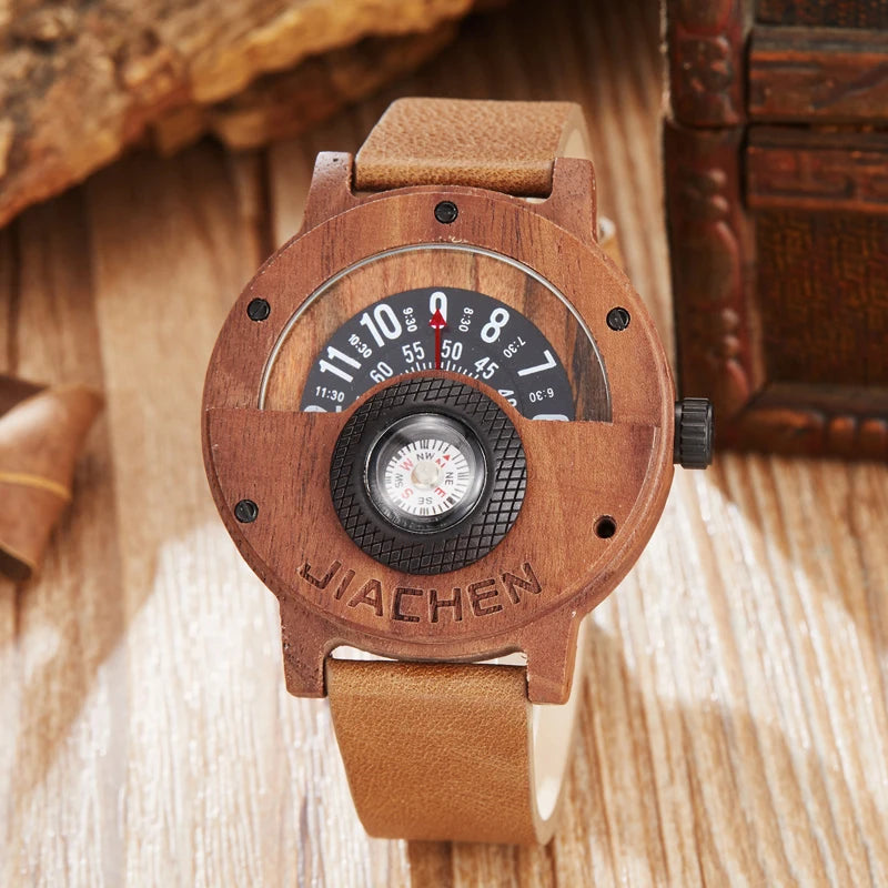 Men Wood Bamboo Watch Unique Turntable Dial  Male Military Watches Compass Quartz Watch With Leather Band