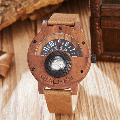 Men Wood Bamboo Watch Unique Turntable Dial  Male Military Watches Compass Quartz Watch With Leather Band