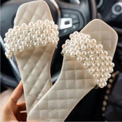 Spring/Summer New Women 2024 Pearl Rhinestone Women's All-Match Casual Slippers Fashion Solid Color Flat Shoes Sandals