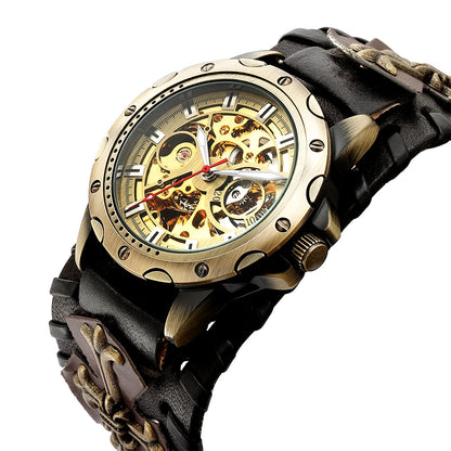 Antique Skeleton Dial Men Automatic Mechanical Watch Vintage Gothic Clock Steampunk Self Winding Watches Brown Rock Reloj Hombre