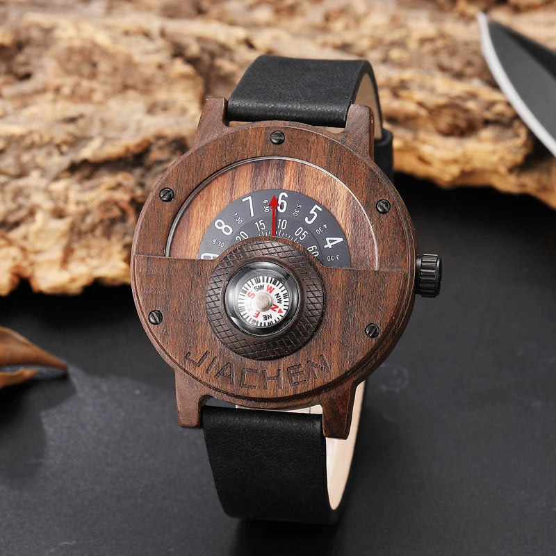 Men Wood Bamboo Watch Unique Turntable Dial  Male Military Watches Compass Quartz Watch With Leather Band