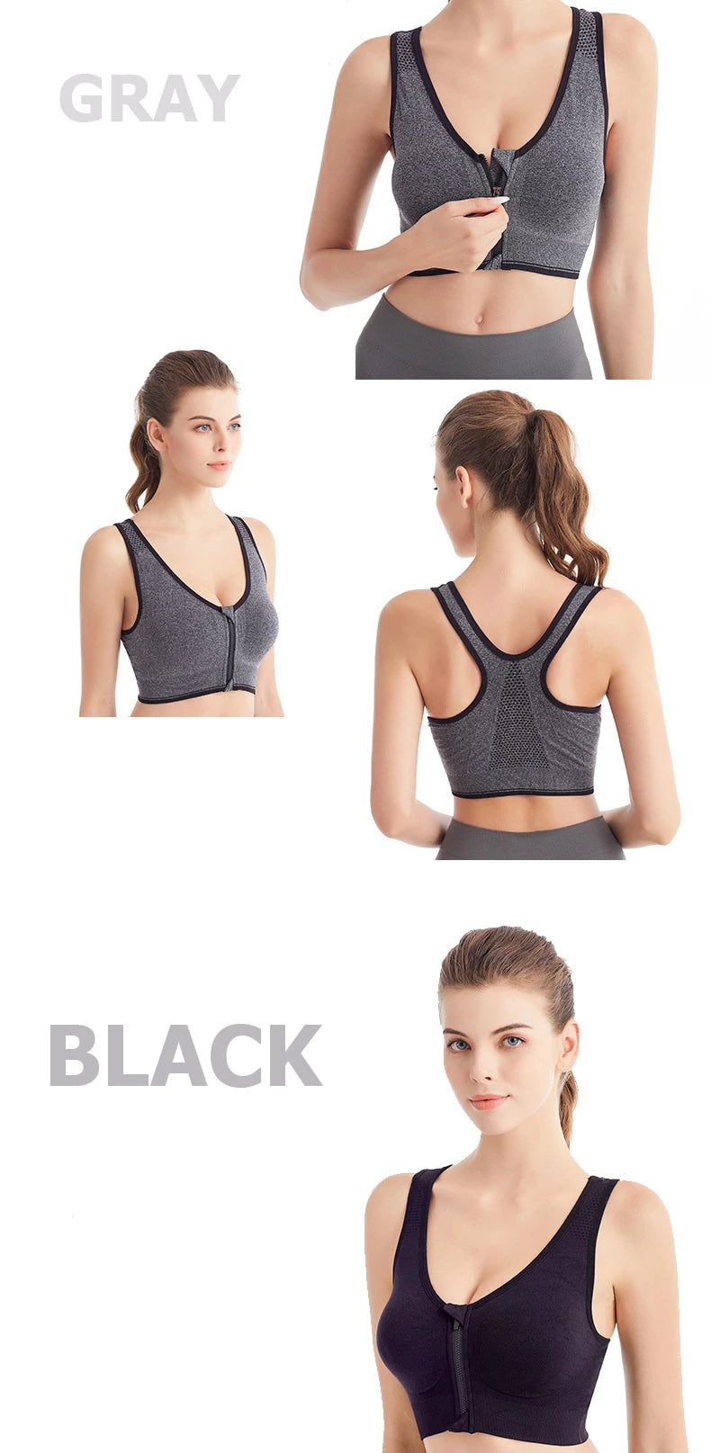 Women's Front Zip Sports Bra – Seamless Shockproof Breathable Bralette
