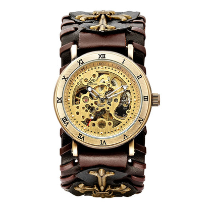 Antique Skeleton Dial Men Automatic Mechanical Watch Vintage Gothic Clock Steampunk Self Winding Watches Brown Rock Reloj Hombre