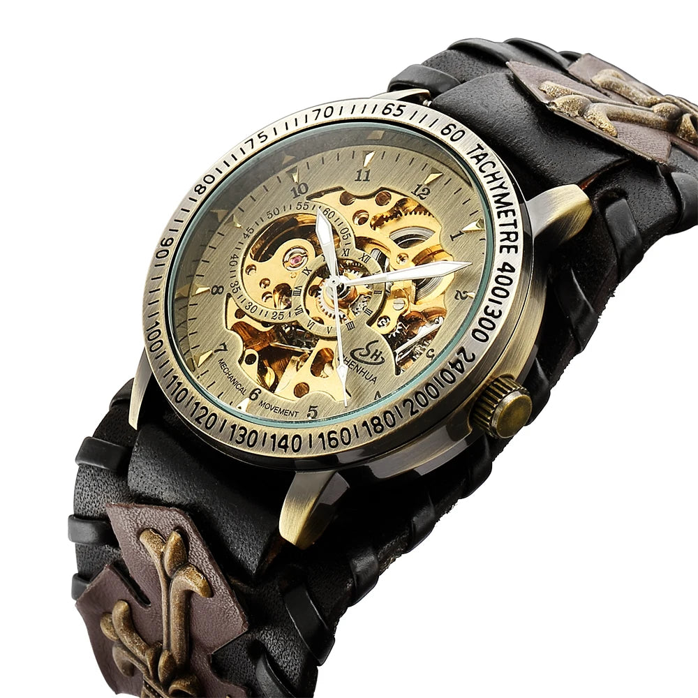 Antique Skeleton Dial Men Automatic Mechanical Watch Vintage Gothic Clock Steampunk Self Winding Watches Brown Rock Reloj Hombre