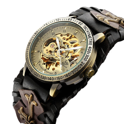 Antique Skeleton Dial Men Automatic Mechanical Watch Vintage Gothic Clock Steampunk Self Winding Watches Brown Rock Reloj Hombre