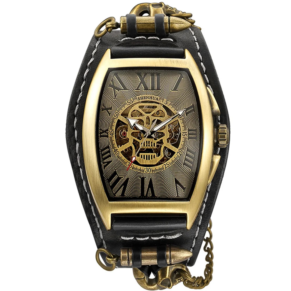 Antique Skeleton Dial Men Automatic Mechanical Watch Vintage Gothic Clock Steampunk Self Winding Watches Brown Rock Reloj Hombre