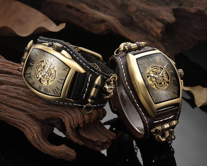 Antique Skeleton Dial Men Automatic Mechanical Watch Vintage Gothic Clock Steampunk Self Winding Watches Brown Rock Reloj Hombre