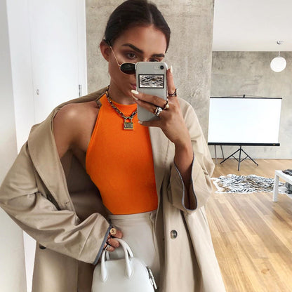 Summer New Foreign Trade European and American Women's Slim-fit Vest Top Sexy Hanging Neck Sleeveless High Split Jongsuit