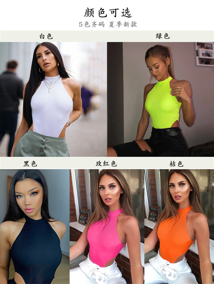 Summer New Foreign Trade European and American Women's Slim-fit Vest Top Sexy Hanging Neck Sleeveless High Split Jongsuit