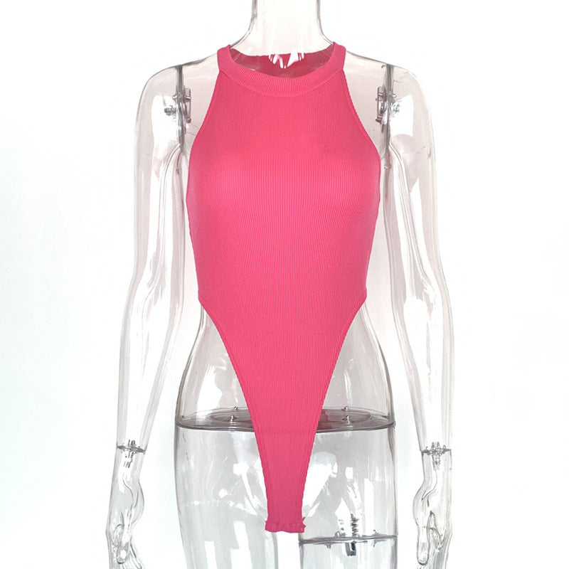 Summer New Foreign Trade European and American Women's Slim-fit Vest Top Sexy Hanging Neck Sleeveless High Split Jongsuit