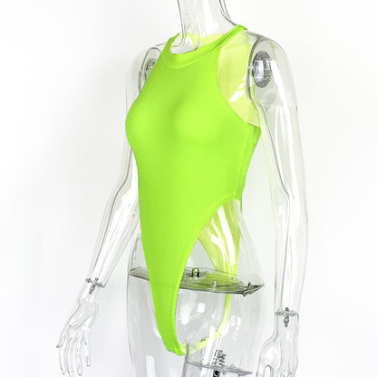 Summer New Foreign Trade European and American Women's Slim-fit Vest Top Sexy Hanging Neck Sleeveless High Split Jongsuit