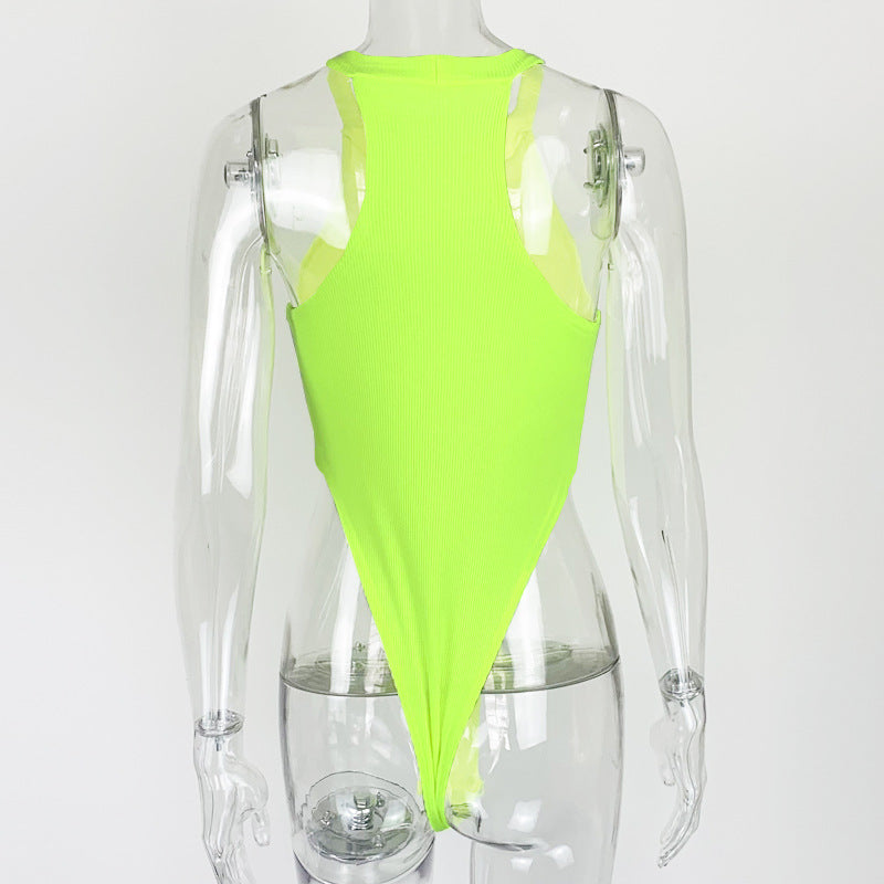 Summer New Foreign Trade European and American Women's Slim-fit Vest Top Sexy Hanging Neck Sleeveless High Split Jongsuit
