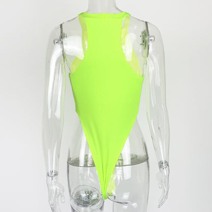 Summer New Foreign Trade European and American Women's Slim-fit Vest Top Sexy Hanging Neck Sleeveless High Split Jongsuit