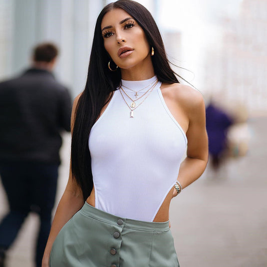 Summer New Foreign Trade European and American Women's Slim-fit Vest Top Sexy Hanging Neck Sleeveless High Split Jongsuit