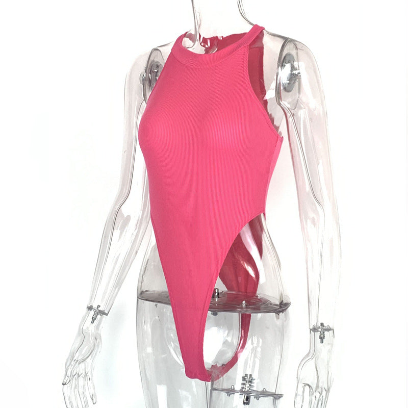Summer New Foreign Trade European and American Women's Slim-fit Vest Top Sexy Hanging Neck Sleeveless High Split Jongsuit
