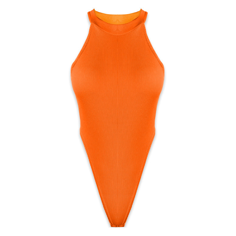 Summer New Foreign Trade European and American Women's Slim-fit Vest Top Sexy Hanging Neck Sleeveless High Split Jongsuit