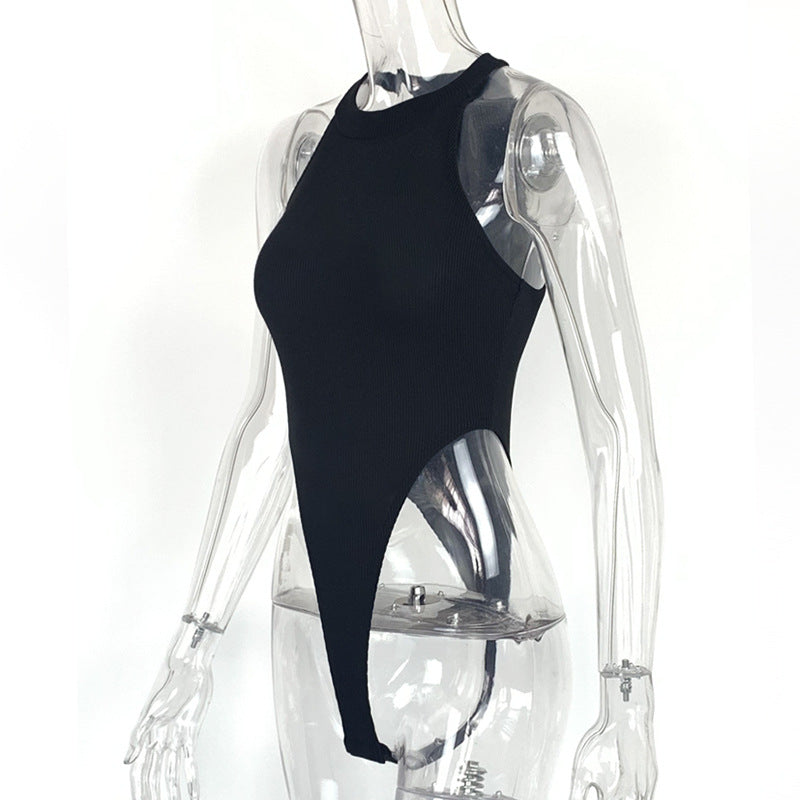 Summer New Foreign Trade European and American Women's Slim-fit Vest Top Sexy Hanging Neck Sleeveless High Split Jongsuit