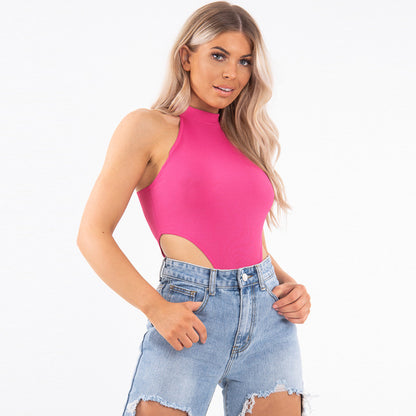 Summer New Foreign Trade European and American Women's Slim-fit Vest Top Sexy Hanging Neck Sleeveless High Split Jongsuit