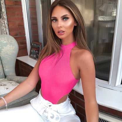 Summer New Foreign Trade European and American Women's Slim-fit Vest Top Sexy Hanging Neck Sleeveless High Split Jongsuit