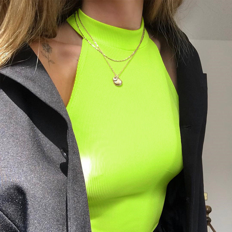 Summer New Foreign Trade European and American Women's Slim-fit Vest Top Sexy Hanging Neck Sleeveless High Split Jongsuit