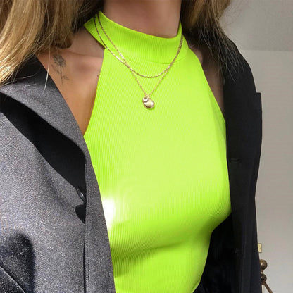 Summer New Foreign Trade European and American Women's Slim-fit Vest Top Sexy Hanging Neck Sleeveless High Split Jongsuit