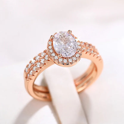 Huitan Gold Color/Rose Gold Color 2Pcs Set Wedding Rings for Women Luxury Cubic Zirconia Engagement Party Female Trendy Jewelry