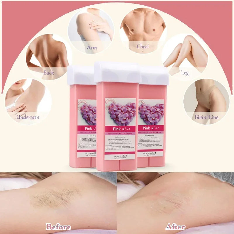 Rose Wax Roll-On Refills-Painless Hair Removal Cartridge for Bikini/Body, Hypoallergenic & 100% Natural Formula,Hair Removal Kit