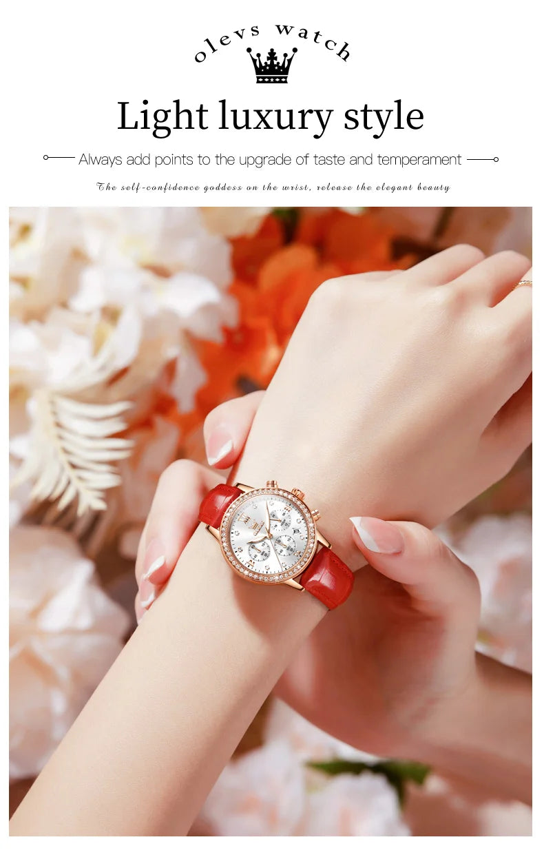 OLEVS 9933 Women' Watches Luxury Brand Diamond Quartz Wristwatch Waterproof Luminous   Leather Strap Multifunction Ladies Watch