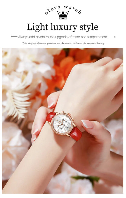 OLEVS 9933 Women' Watches Luxury Brand Diamond Quartz Wristwatch Waterproof Luminous   Leather Strap Multifunction Ladies Watch
