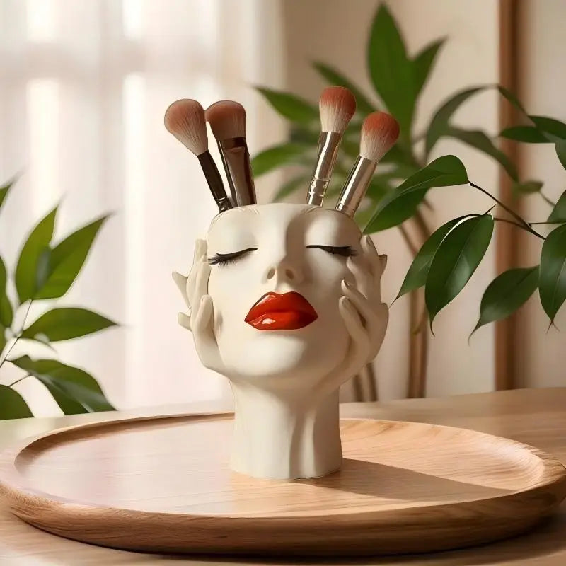 Cosmetic Brush Holder Makeup Organizer For Brushes Women's Head Design Boho Aesthetic Decorative Resin Decoration For Bathroom