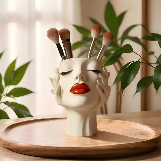 Cosmetic Brush Holder Makeup Organizer For Brushes Women's Head Design Boho Aesthetic Decorative Resin Decoration For Bathroom