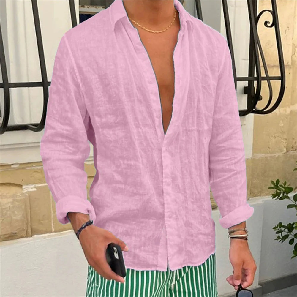 Spring Autumn Men's Cotton Linen Shirt Long Sleeve Casual Solid Color Slim Fit Lapel Simple Style Male Breathable Button Tops