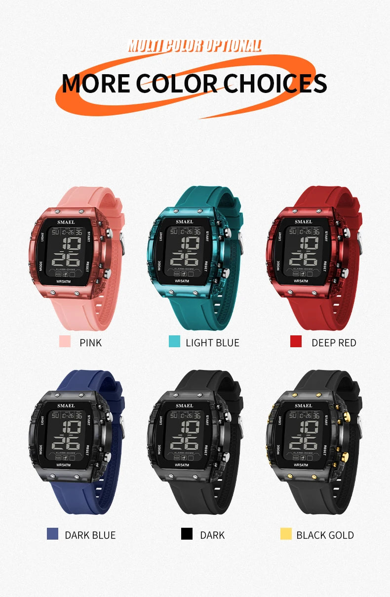SMAEL Digital Watches Big Dial Rectangle Sport Watches LED Date 8108 Digital Watches 50m Waterproof Shockproof Men's Wristwatch