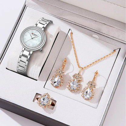CURREN Luxury Watch Women Ring Necklace Earrings Rhinestone Fashion Wristwatch Female Casual Ladies Watches Bracelet 5PCS Set