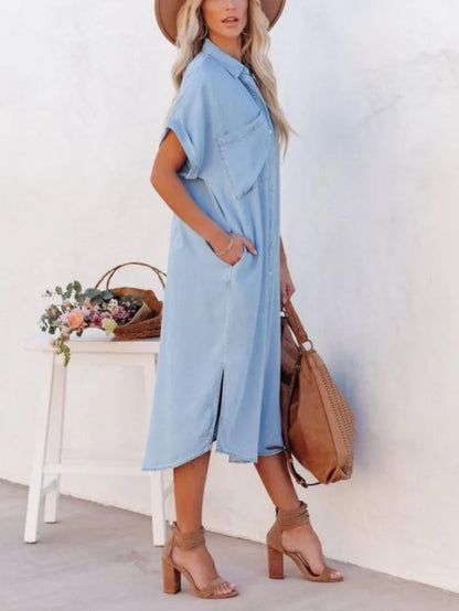 Women's Casual Loose Solid Color Short Sleeved Long Slit Shirt Dress with Shoulder Sleeves and Button Up Dress