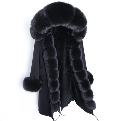 Maomaokong Winter Woman Natural Fur Overcoat Plus Size Black Parkas Raccoon Real Fur Lining Extra Larg Warm Jacket Coats Long