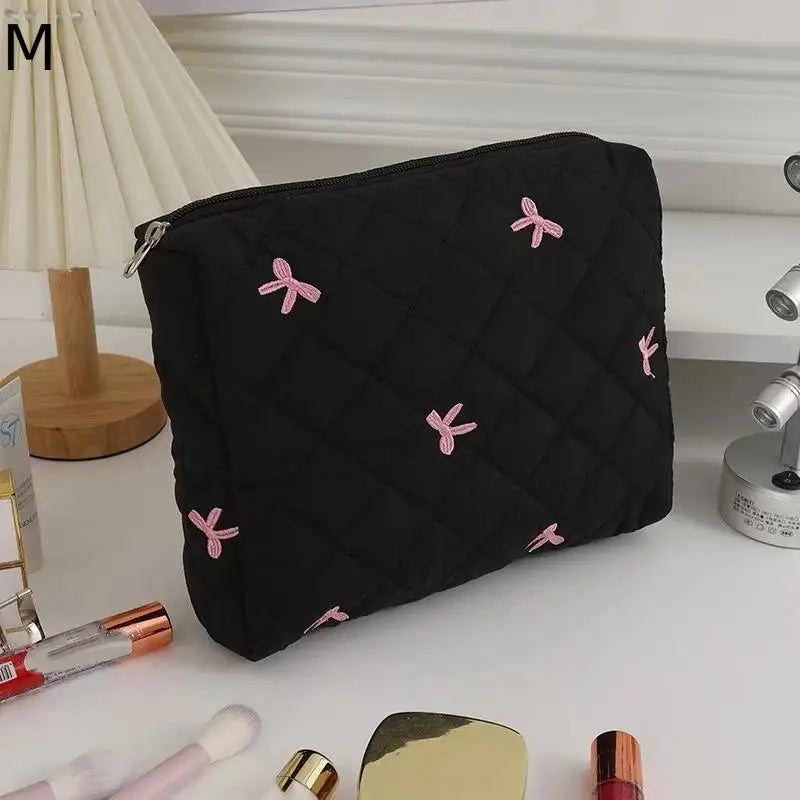 Black Women Portable Makeup Bag Large Capacity Bow Quilting Cosmetic Pouch Handbag Ladies Travel Toiletry Storage Bag