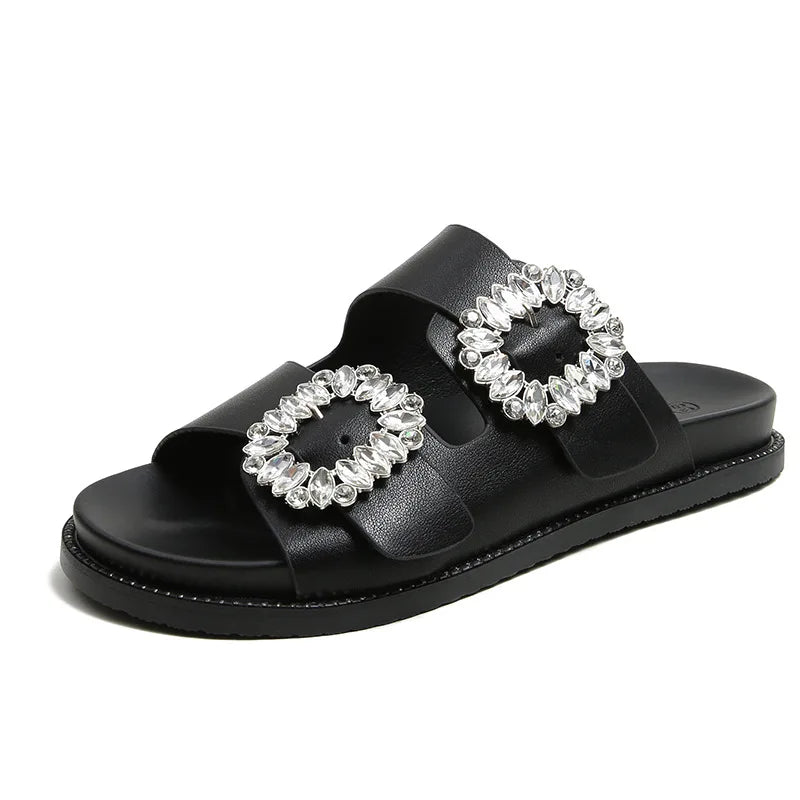 Sandálias Femininas 2026 com Fivela de Strass, Chinelos de Tira Dupla, Sapatos de Cristal, Slides Casuais, Calçados de Salto Baixo, Flip Flops