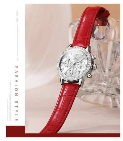 OLEVS 9933 Women' Watches Luxury Brand Diamond Quartz Wristwatch Waterproof Luminous   Leather Strap Multifunction Ladies Watch