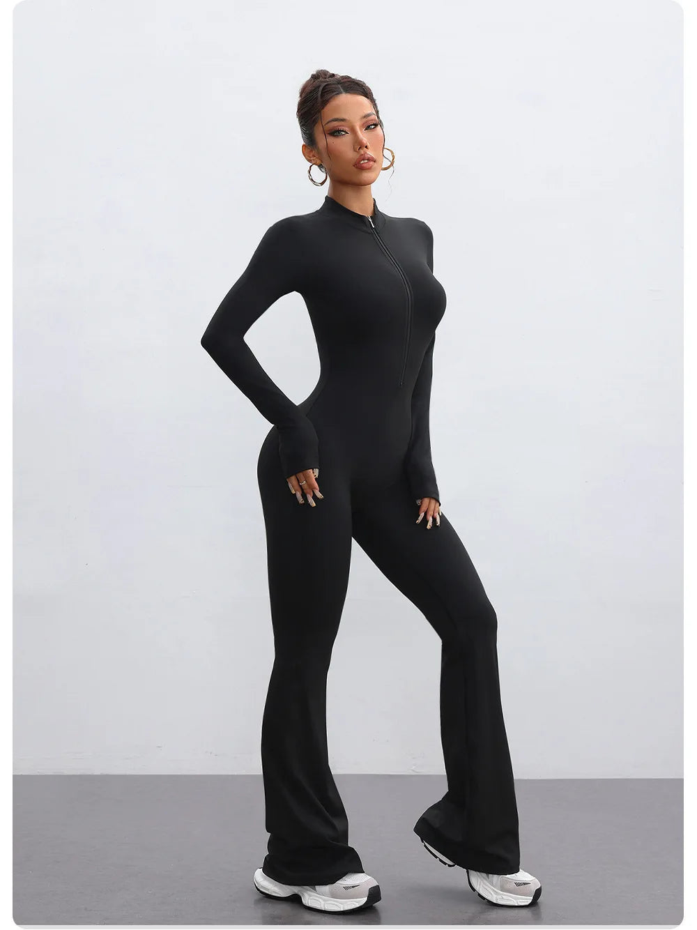 Nylon Yarn Zipper Long-sleeved Flare Pants Yoga One-piece Clothes Tight Fitness Sportswear Women's Jumpsuits