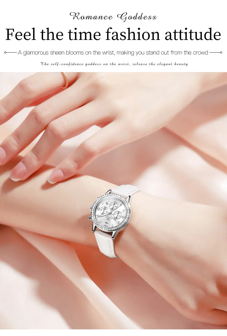 OLEVS 9933 Women' Watches Luxury Brand Diamond Quartz Wristwatch Waterproof Luminous   Leather Strap Multifunction Ladies Watch