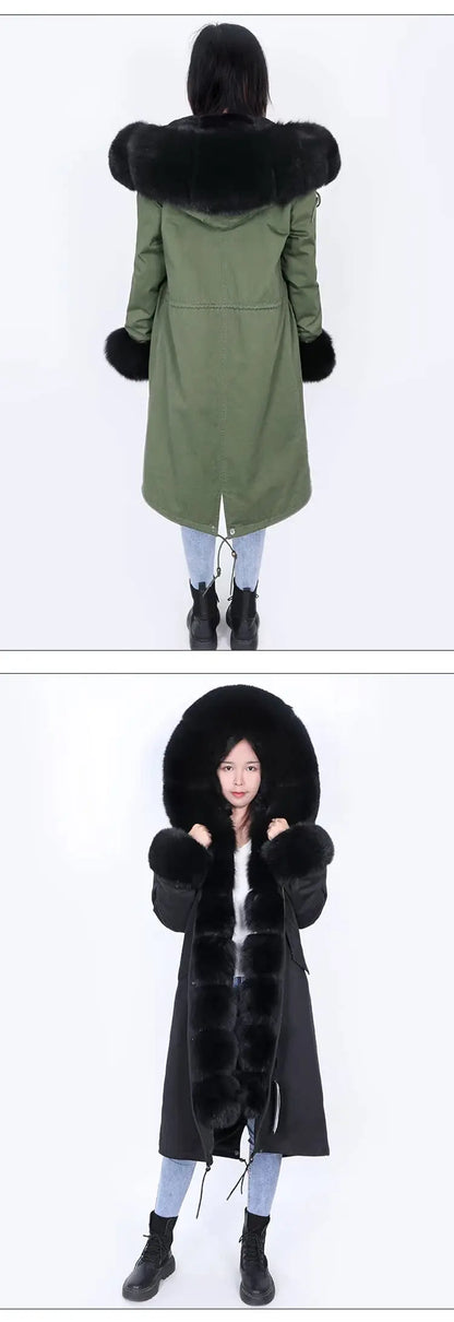 Maomaokong Winter Woman Natural Fur Overcoat Plus Size Black Parkas Raccoon Real Fur Lining Extra Larg Warm Jacket Coats Long
