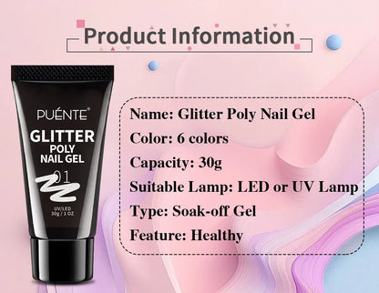 30ML Glitter Poly Nail Gel Hema Free Pink Glitter Acrylic Gel Finger Extension Nail Gel Semi-Permanent Nail Varnish For Manicure