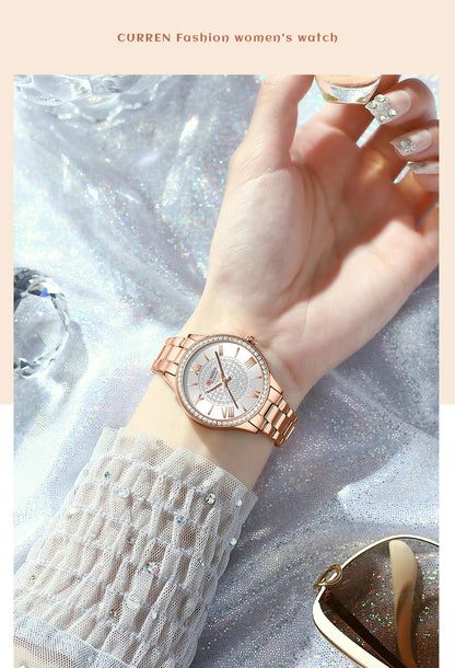 CURREN Luxury Watch Women Ring Necklace Earrings Rhinestone Fashion Wristwatch Female Casual Ladies Watches Bracelet 5PCS Set