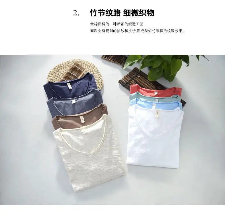 2026 Summer New 100% Cotton White T-shirt Male V-neck