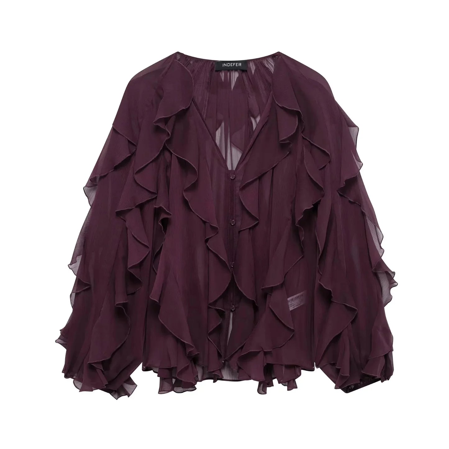 KONDALA Burgundy Mesh Ruffles Shirts For Women Elegant Long Sleeve See Through Loose Tops 2025 New Female High Street Partywear
